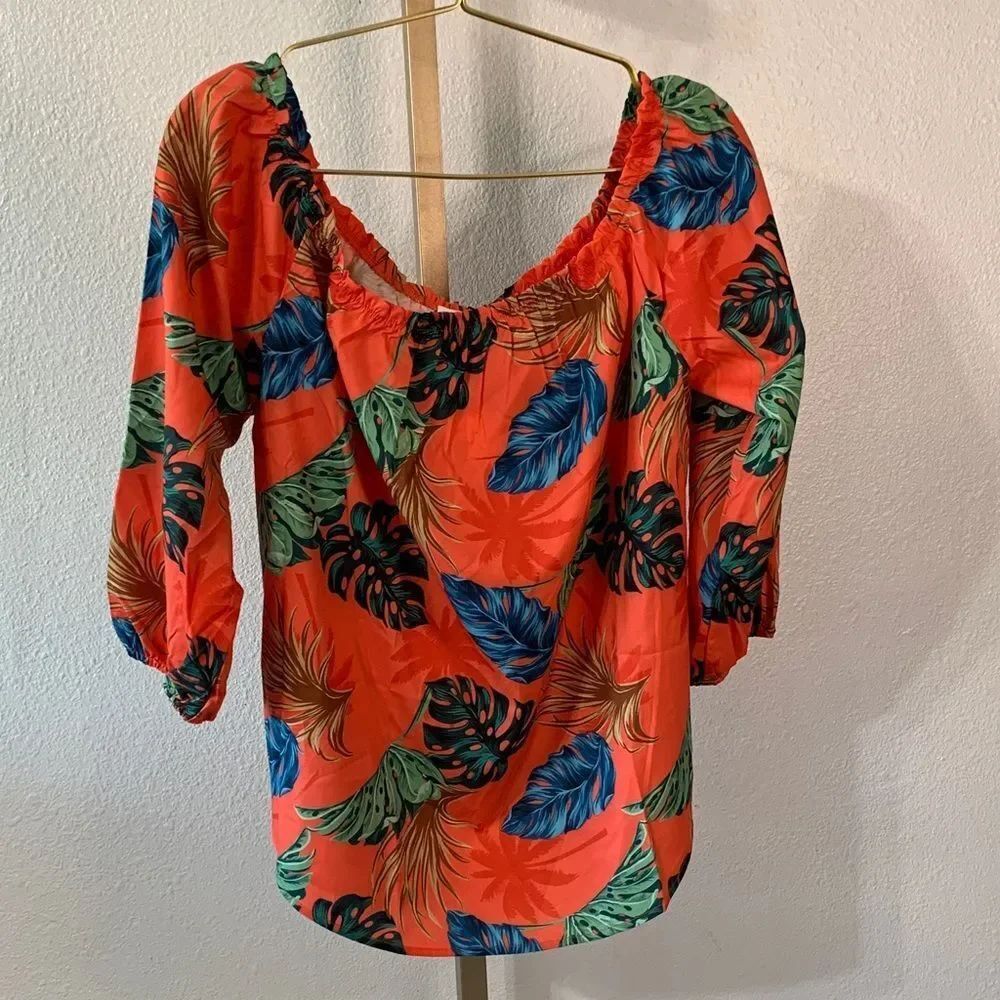 Vibrant orange Leaf Print Women's off the shoulder tropical print Blouse- 1X